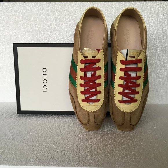 Gucci Man Sneakers Suede Leather Web Brown DM57 - Picture 2 of 12